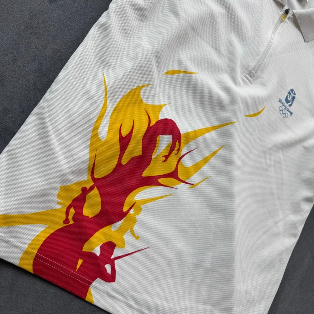 Adidas Beijing 2008 Olympic Games Polo Shirt Men Large White Quarter Zip Graphic